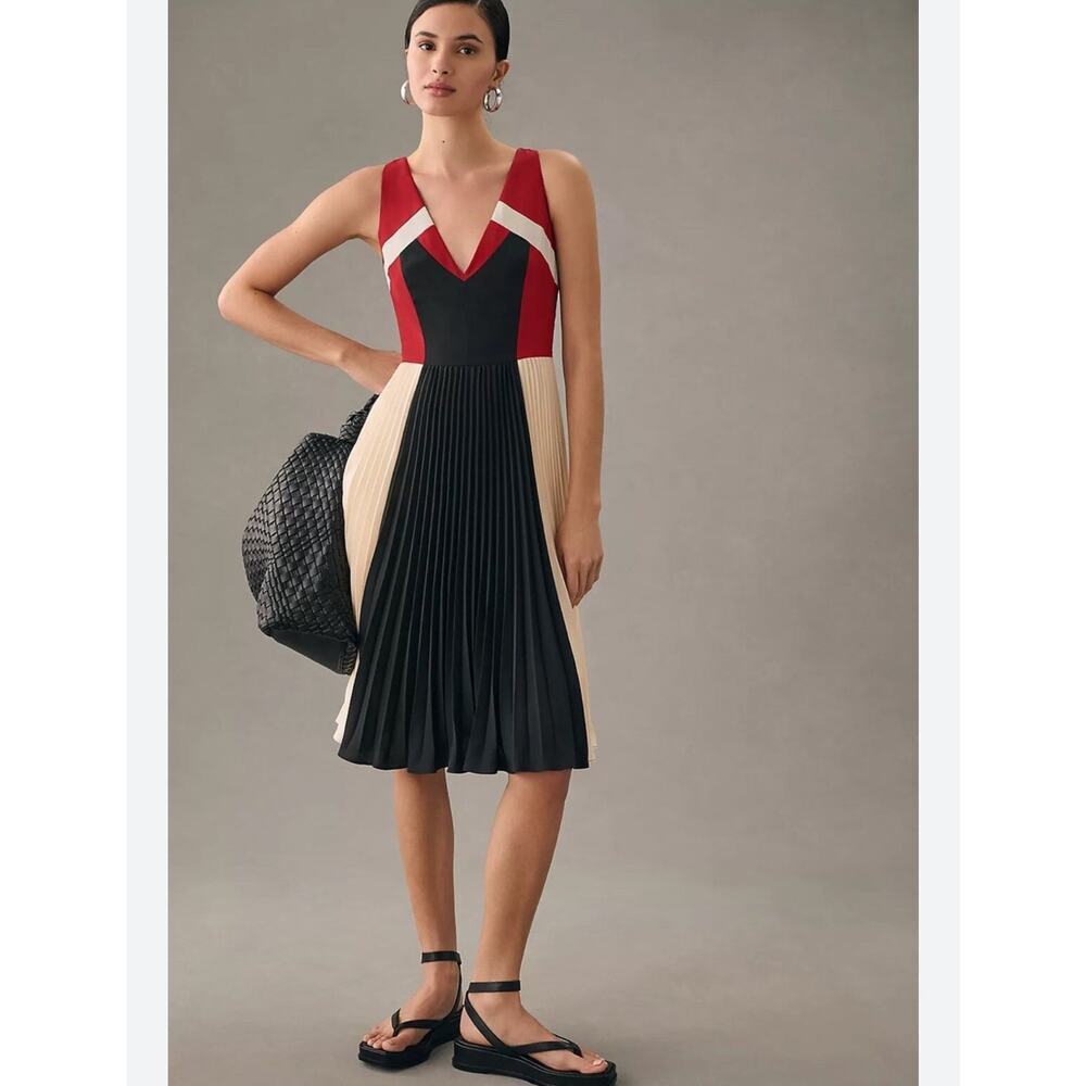 Anthropologie Maeve Pleated Colorblock Red Black White Sleeveless Dress Sz 2 GS